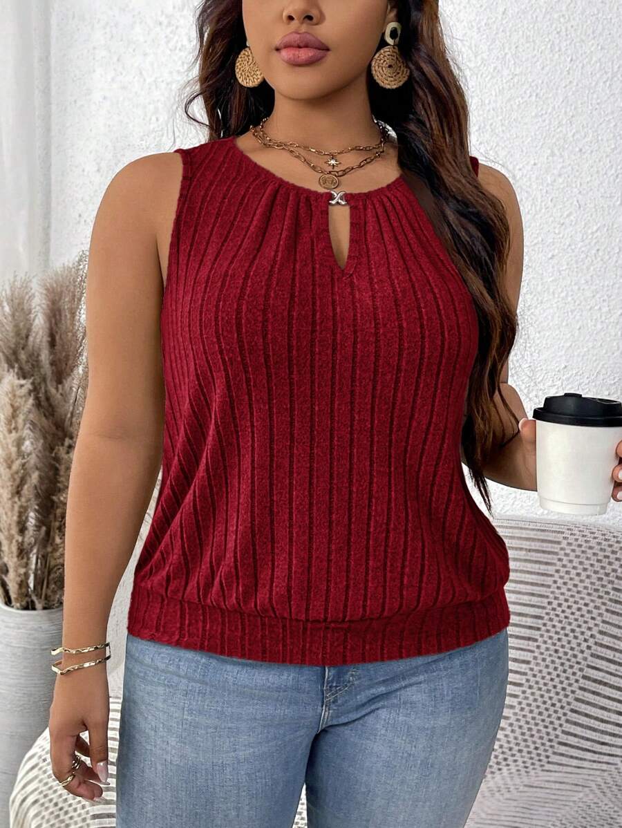 SHEIN LUNE Plus Size Ribbed Gold Buckle Teardrop Tank Top - Burgundy - View 1