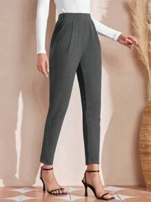 EMERY ROSE Plus Size Women's Solid Color Pleated Pocket Tapered Casual Pants For Work And Commute,Winter Clothes For Women