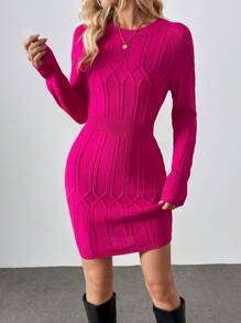 SHEIN Clasi Casual Waist Drawstring Round Neck Long Sleeve Warm Diamond Knitted Magenta Sweater Dress For Women, Autumn/Winter