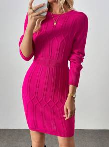 SHEIN Clasi Casual Waist Drawstring Round Neck Long Sleeve Warm Diamond Knitted Magenta Sweater Dress For Women, Autumn/Winter