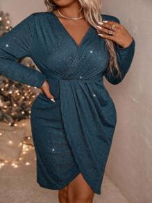 SHEIN CURVE+ Vestido de fiesta elegante de manga larga, de talla grande, con estampado metálico para el Día de San Valentín, para otoño/invierno