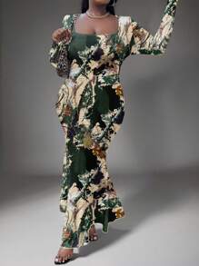 Slaydiva 女士方领树枝扎染印花长袖 A 字形连衣裙，适合秋冬季 - 彩色 - 查看 4