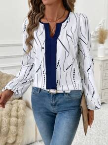 SHEIN Clasi Women's Colorblock Geometric Dot Print Slim Fit Office Shirt