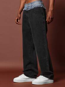 SUMWON Loose Fit Contrast Double Waist Jean - Black - View 1