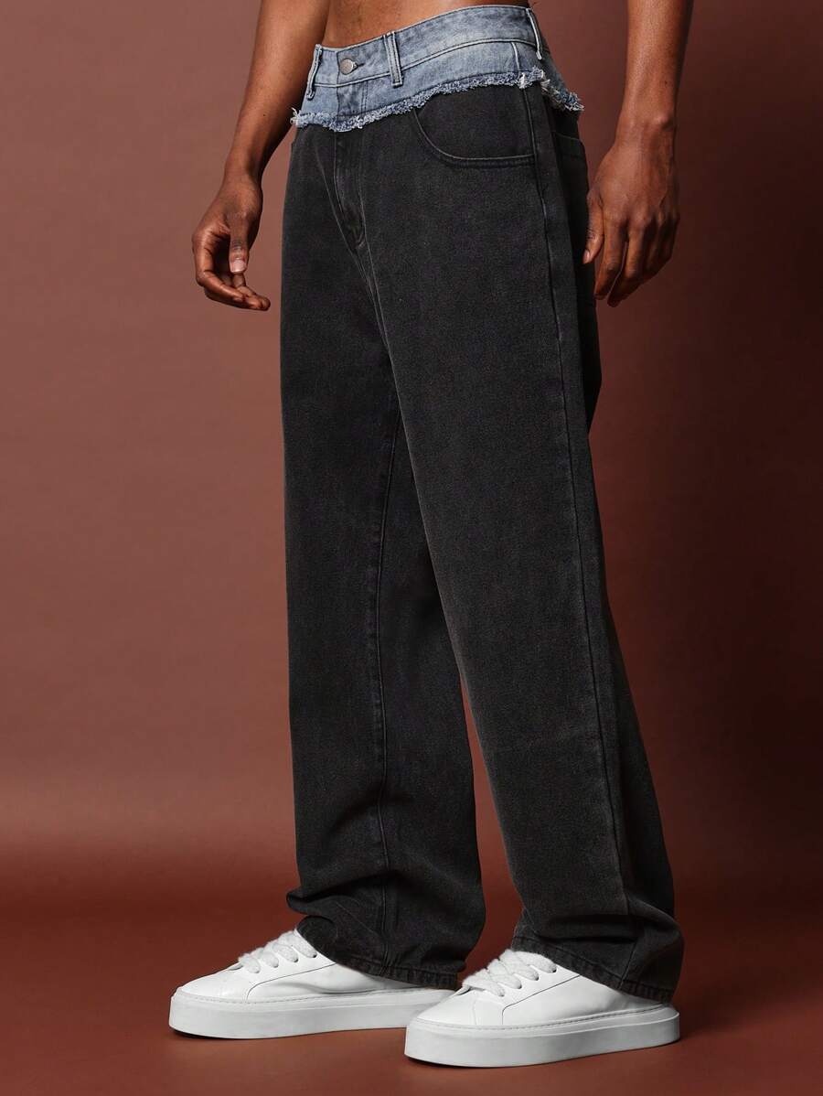 SUMWON Loose Fit Contrast Double Waist Jean - Black - View 1
