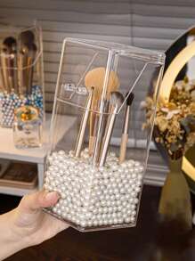 1pc Makeup Brush Holder With Lid,Dustproof Cosmetic Brush Organiser Storage Box,Minimalist Plastic Square Pen Holder And Makeup Brush Storage Bucket,Transparent Cosmetic Storage For Bedroom And Home Essentials,Display Cases Protect Brushes Storage (No Pearls)