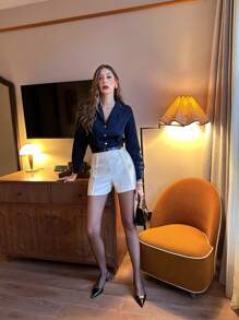 SHEIN Unity Solid Color Casual V-Neck Long Sleeve Loose Slim Blouse For Women, Office Commuting - Navy Blue - View 3