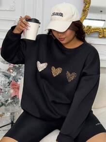 INAWLY Hơn In trái tim & Da báo Thả vai Áo nỉ - màu đen - Xem 1