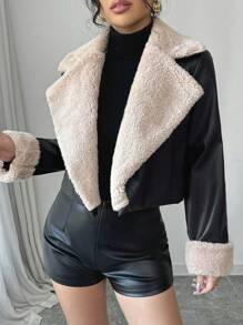 SHEIN PETITE New Winter Fluffy Collar Short Casual Jacket For Women - Black - View 5