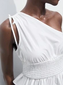 Maija Women's Summer One-Shoulder Sleeveless Top With Drawstring Shoulder And Ruffled Trim, Open Shoulder Blouse - White - View 3
