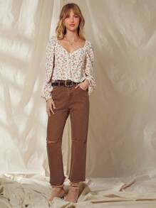 WESTFADE Pantalones vaqueros rectos de pierna de tobillo con cortes y dobladillo deshilachado de talle medio, atuendo estilo Nashville