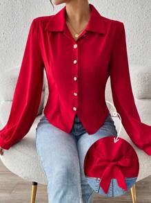 Chiquease 腰部蝴蝶结装饰前开长袖衬衫，圣诞红色可爱优雅女式衬衫，适合新年服装 - 紅色 - 查看 1