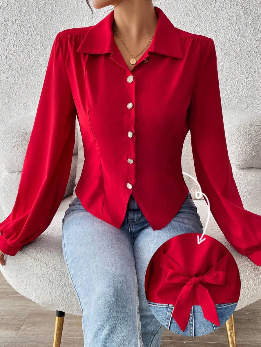 Chiquease 腰部蝴蝶结装饰前开长袖衬衫，圣诞红色可爱优雅女式衬衫，适合新年服装 - 紅色 - 查看 1