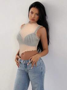 SHEIN SXY 休闲迷人性感闪亮条纹网眼透明不对称下摆小立领背心，适合派对/夜总会穿着 - 杏色 - 查看 4