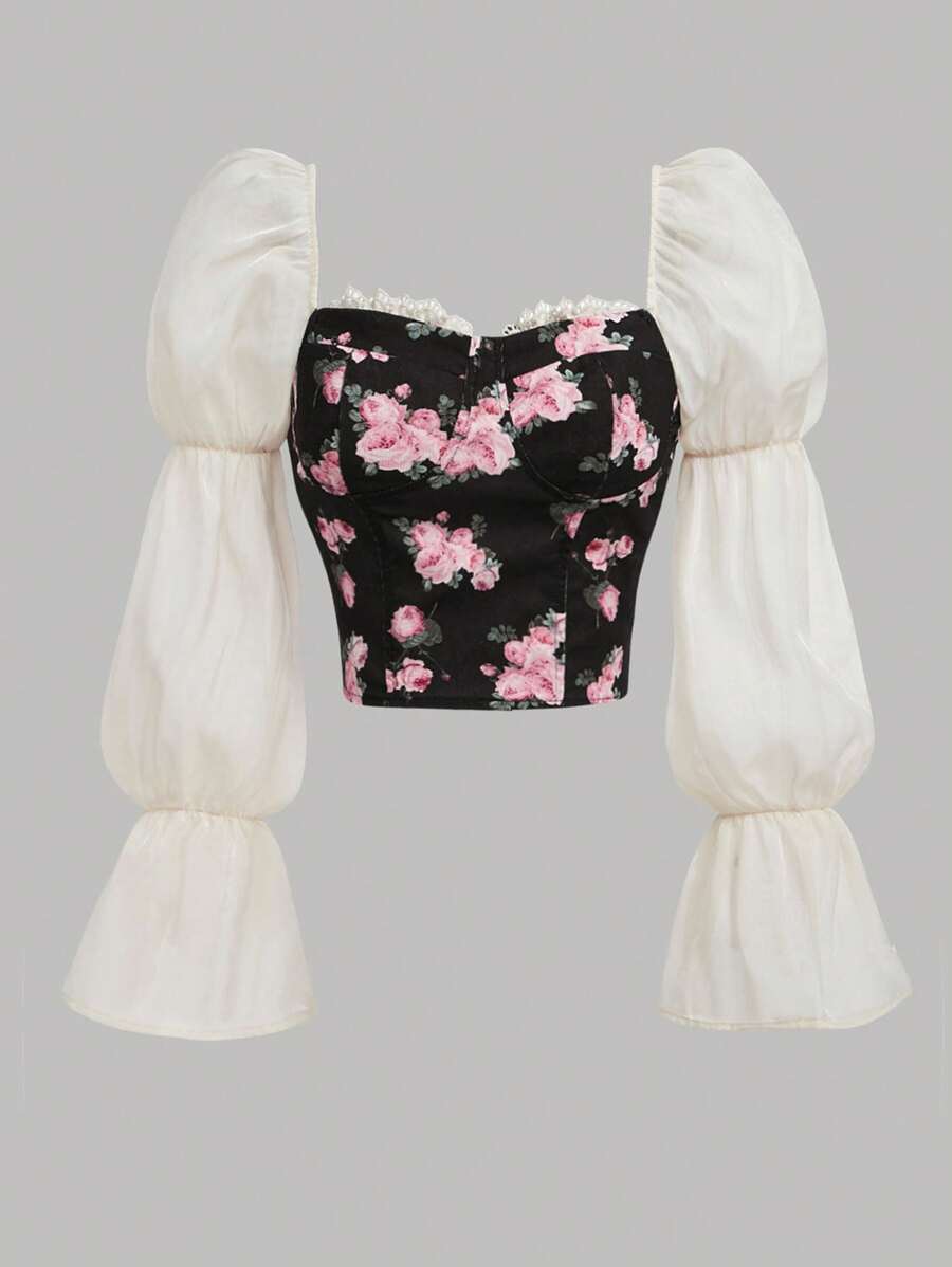 Girlism 少女时尚灯芯绒和欧根纱花卉拼布修身长袖衬衫 - 彩色 - 查看 1