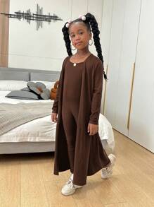 Slaydiva Tween-Mädchen Street Lässig Strick-Set, Unifarben mit langen Ärmeln, Strickjacke, Weste und langer Hose