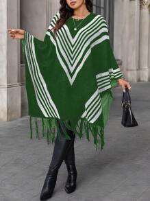 Calvaya Pull ample pour femmes avec rayures, col rond, manches chauve-souris et ourlet à franges. Convient pour l'automne et l'hiver