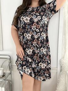 Camisón con estampado floral de cuello redondo y manga corta, talla grande - Multicolor - Ver 6