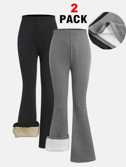 SHEIN Girlism 2 pezzi Pantaloni a zampa casual adatti a tutto di ragazze preadolescenti con fodera, nero e grigio