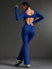 SHEIN Sports Damen einfarbiger Jumpsuit mit rundem Ausschnitt, Langarm und weitem Bein - marineblau - Übersicht 4