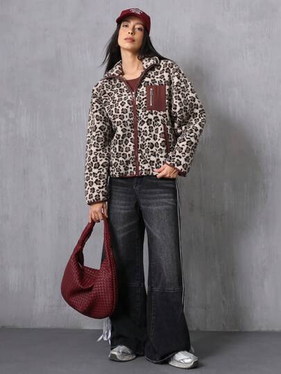 Aveloria Affinna Street Fashion Color Block Faux Shearling Vintage Leopard Pattern Trim Women Winter Jacket, Long Sleeve Cheetah Print  Fall Cloth For Women