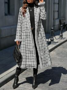 SHEIN Clasi Women Furry Panel Front Button Long Sleeve Casual Sophisticate Coat Fall Cloth For Women - Black and White - View 3