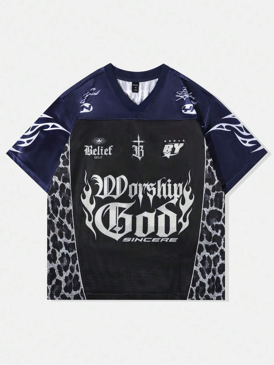 ROMWE MEN Street Life 男士豹纹街头篮球球衣短袖 T 恤，运动网眼拼接闪亮面料，夏季 - 黑色 - 查看 1