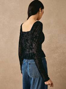 Poéselle 女式纽扣前心形领长袖休闲衬衫，日常穿着 - 黑色 - 查看 4