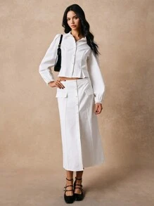 Poéselle 2 peças/Conjunto Top de Manga Longa com Botões na Frente e Saia A-Line em Cor Sólida para Mulher, Desgaste Diário, Elegante e Charmoso, Adequado para Uso Diário, Rua, Transporte, Encontro, Festa e Outras Ocasiões - Branco - Visão 3