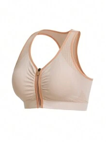 Contrast Trim Zipper V-Neck Sleeveless Sports Bra - Multicolor - View 7