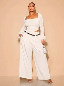 SHEIN BAE Plus Size Pants, Suitable For Valentine's Day, Summer, Birthdays, Valentine's Plus Size, Curve Pants, Formal, Curves, Parties, Bows, Bottoms, Wide Leg Pants, High Waist
