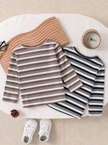 SHEIN Set de 2 camisetas de manga larga de tela texturizada en parches a rayas unisex para bebés niños, casuales y de moda para primavera/otoño, para usar en exteriores y en casa a diario - Multicolor - Ver 2