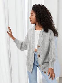 SHEIN Tween Girl Oversized Hooded Lange Mouw Casual Gebreide Cardigan