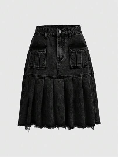 Grunge Punk Street Punk Pleated Washed Pocket Patchwork Vintage Plus Size Denim Skirt, For Summer