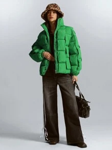 GENKIRA Áo khoác đệm cao cấp thời trang có cổ đan len mùa đông cho phụ nữ với thiết kế thời trang cho tiệc ngày lễ - màu xanh lá - Xem 1