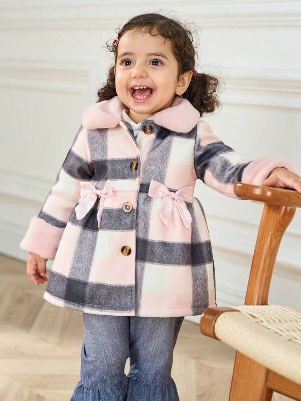 Baby/Toddler Girl Furry Collar Plaid Print Bow Front Button Long Sleeve Pink Woolen Jacket/Coat,Autumn/Winter