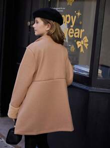 SHEIN Tween Girl Elegant And Wool Coat With Collar And Fur Cuffs, Suitable For Various Outdoor Events, Spring/Autumn/Winter - Mocha Brown - View 2