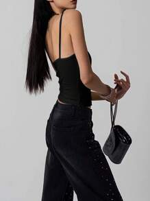 INAWLY Women's Solid Color Frill Trim Fitted Camisole Tank Top - Black - View 2