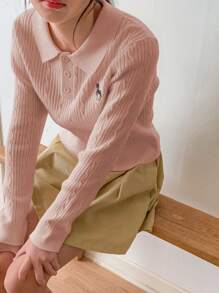 DAZY Tween Girl Embroidered Pattern Polo Collar Sweater, Autumn - Pink - View 2