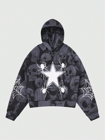 Street Life Sudadera con capucha casual de manga larga con estampado de estrella de cinco puntas y araña para hombres en otoño