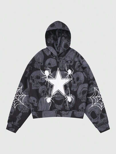 Street Life Men's Autumn Five-Pointed Star & Spider Print Long Sleeve Casual Hoodie, Halloween