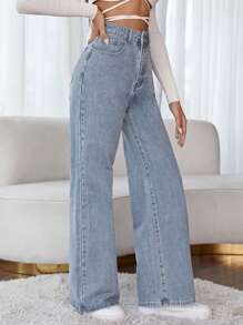 SHEIN Frenchy High Waist Wide Leg Floral Embroidery Jeans Winter Flower Vacation Casual - Light Wash - View 3