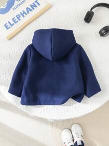 SHEIN 男婴休闲学院风保暖连帽夹克，适合秋冬季外出，幼儿园男孩和女孩 - 藏蓝色 - 查看 2