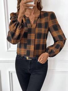 SHEIN Clasi 女式 V 领长袖黑色底条纹拉绒衬衫，适合工作和日常穿着