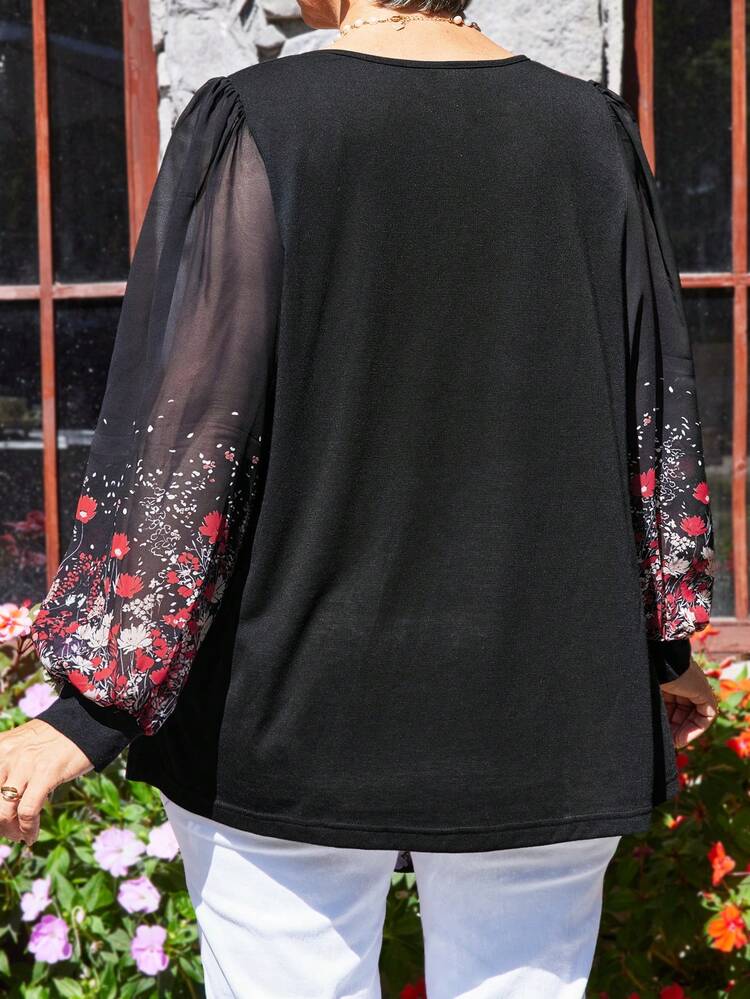 Plus Size Casual Floral Print Patchwork T-Shirt, Winter Clothes For Women,Elegant Clothes For Women