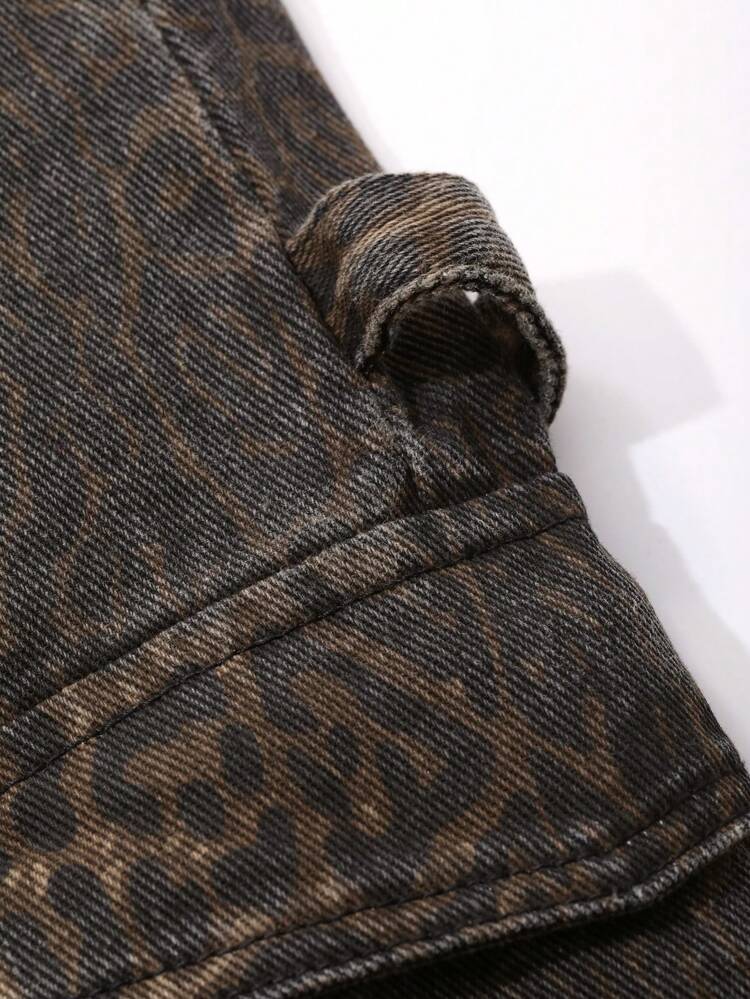 Women's Leopard Print Cargo Jeans With Large Pockets,Baggy Jeans