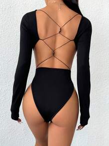 SHEIN EZwear Bodysuit Ketat Kasual Lengan Panjang Leher Bulat Warna Polos untuk Wanita - Hitam - View 6