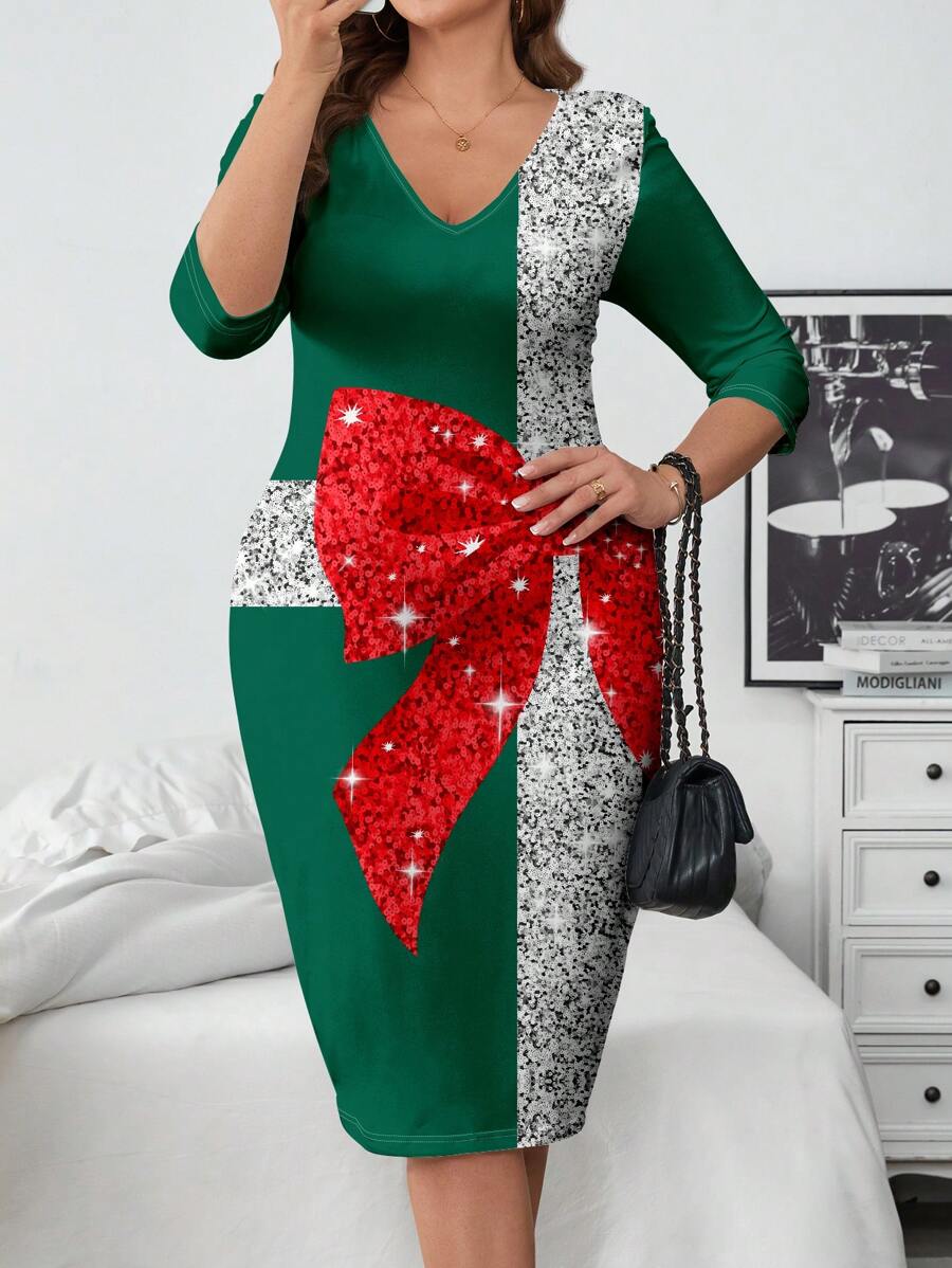 SHEIN Clasi 休闲简约大码女士连衣裙，V 领，半袖，适合圣诞节 - 綠色 - 查看 1