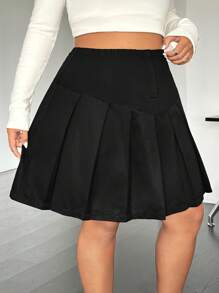 SHEIN EZwear Falda plisada de unicolor negro de talle alto para tallas grandes, casual y versátil