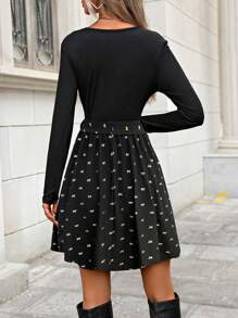 Chiquease 休闲蝴蝶印花拼布连衣裙，秋季 - 黑色 - 查看 2